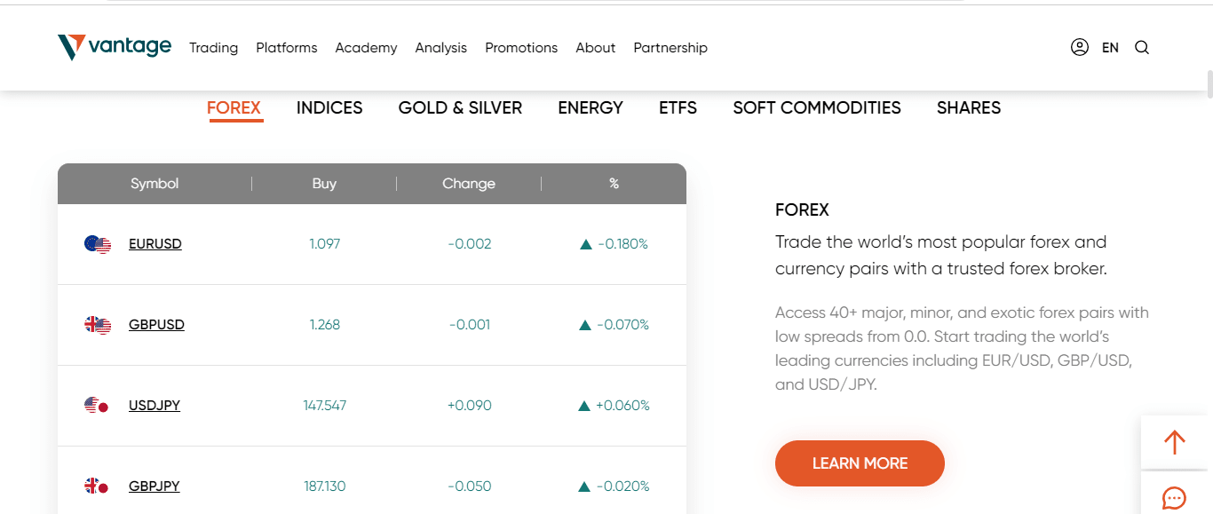 vantage trading home page