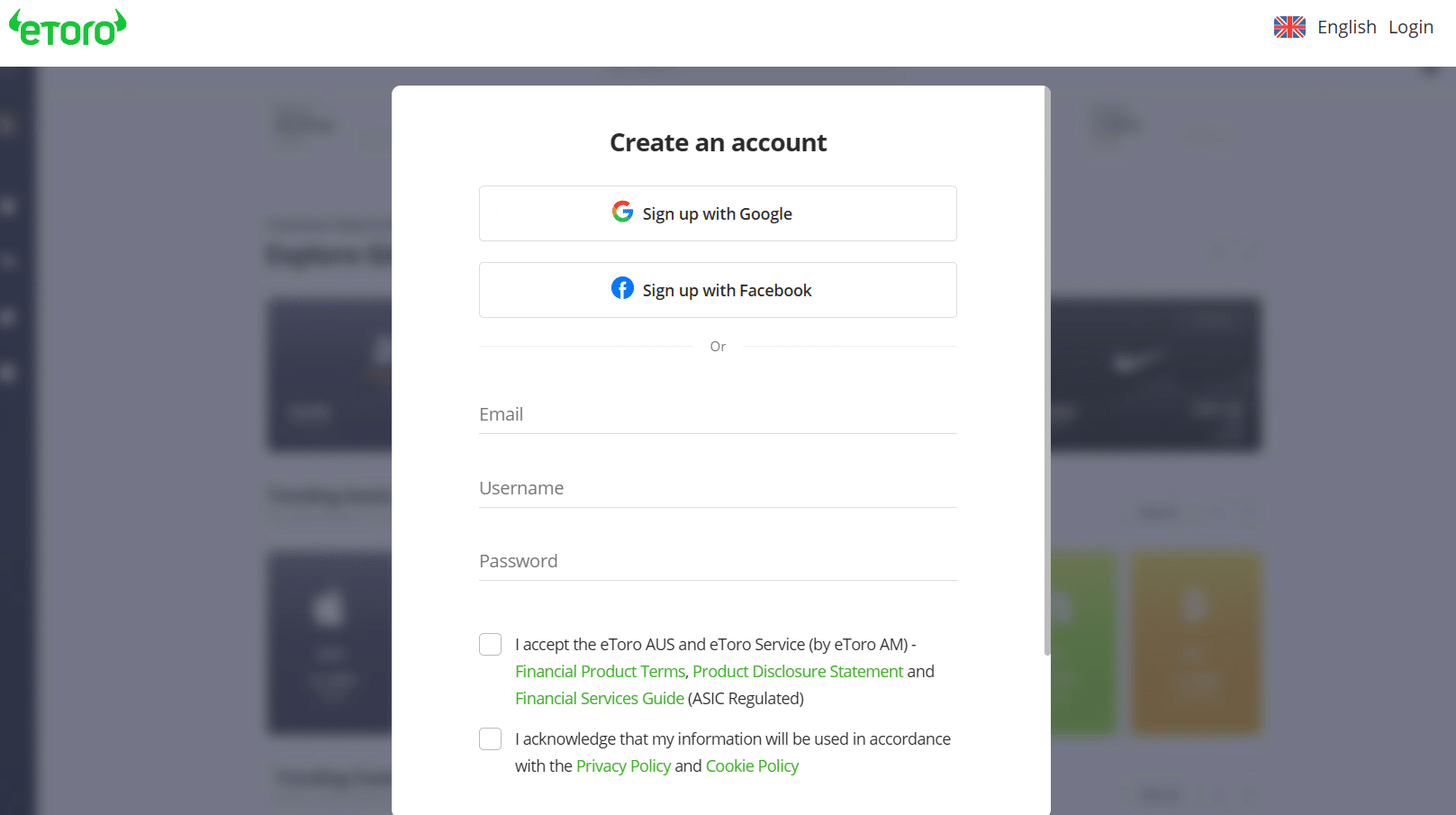 eToro sign up page