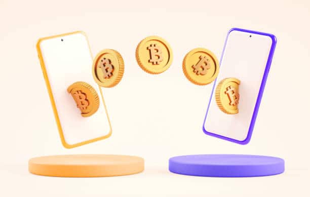 Bitcoin transfer between mobile phones, P2P sending and receiving BTC coins. Smartphone online exchange payment app, cryptocurrencies and blockchain concept in 3D illustration