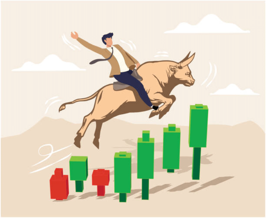 Investor riding bull running on rising up upward green graph