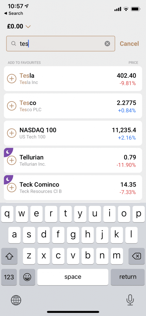 capital.com stock app search results